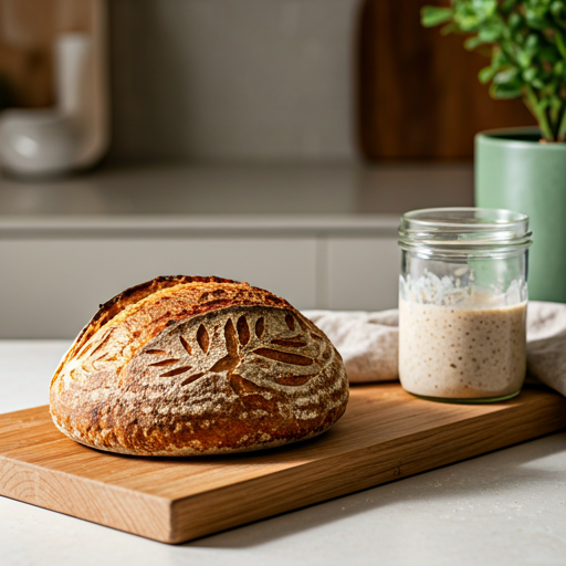 A crusty, scored sourdough loaf cooling on a board beside a jar of active starter and a folded linen cloth.