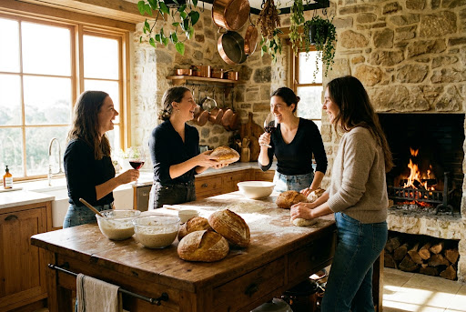 Friends gathered around a kitchen island, shaping sourdough together with glasses of wine.